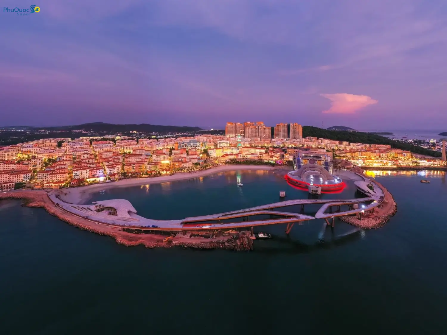 Sunset Town and Kiss Bridge in Phu Quoc at dusk