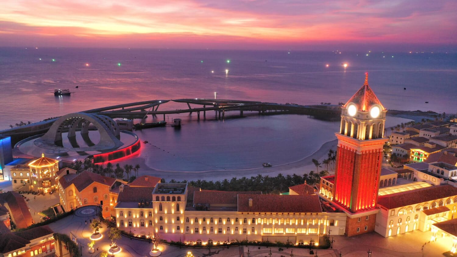 Brilliant orange-yellow sunset on An Thoi sea, viewed from a Sunset Town balcony