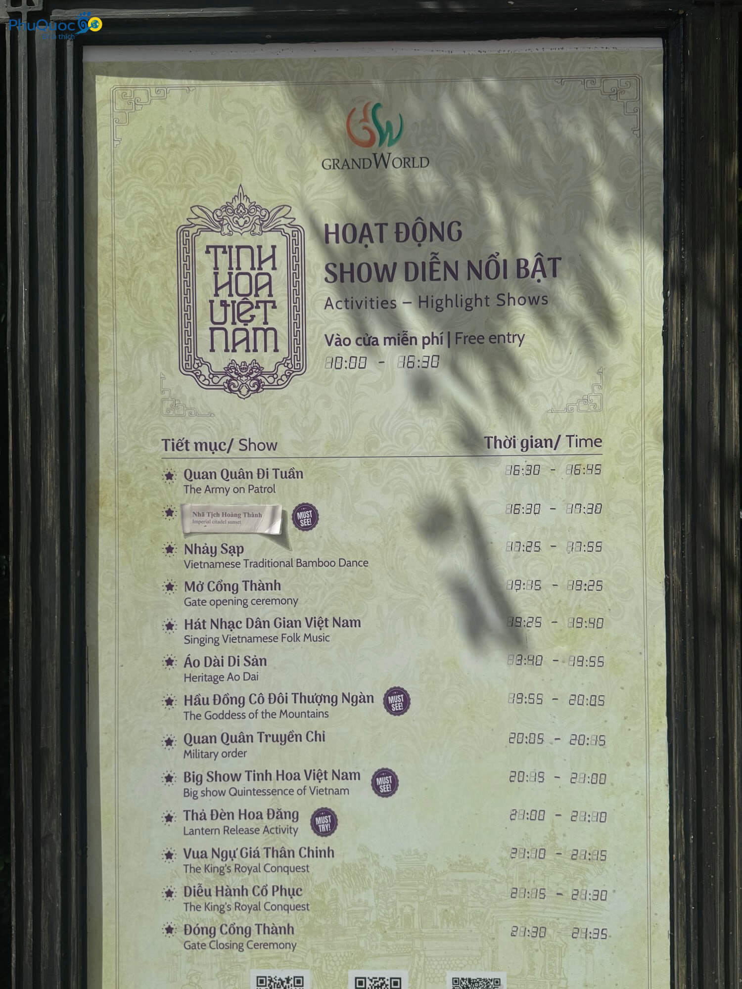 Bảng lịch diễn show tinh hoa việt nam và các mini show tương tác tại Grand World Phú Quốc