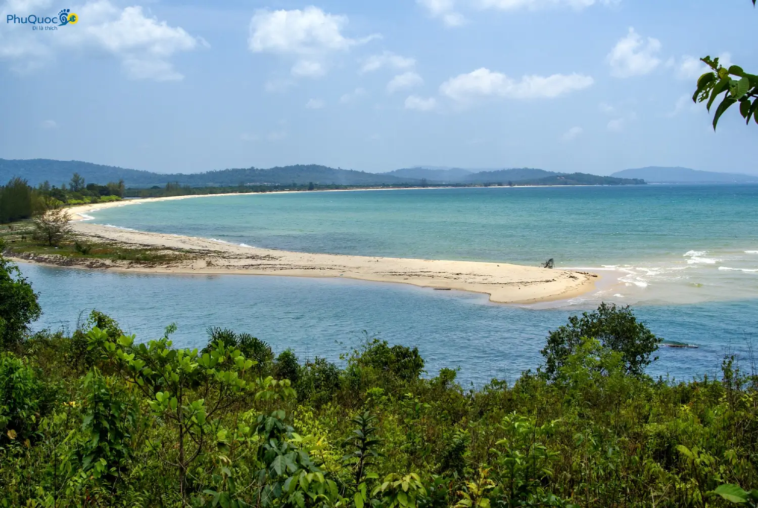 Panoramic view of untouched Cua Can Beach Phu Quoc where river meets sea
