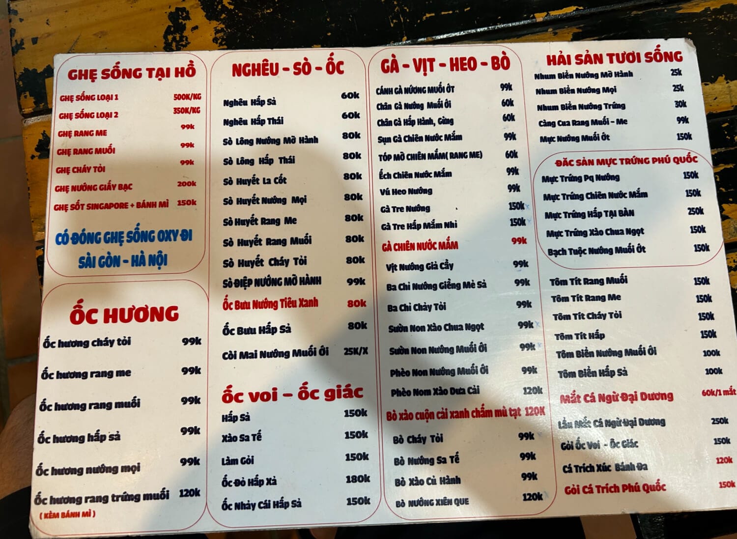 Menu bảng giá ghẹ tươi sống Quán Hải Sản Cường Ghẹ An Thới