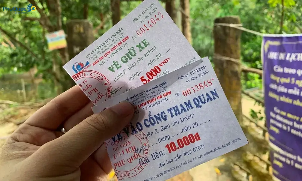 Entrance ticket 10000 VND and parking ticket 5000 VND at Da Ban Stream Phu Quoc