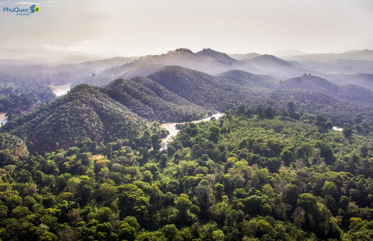 Panoramic aerial view of lush green Phu Quoc National Park