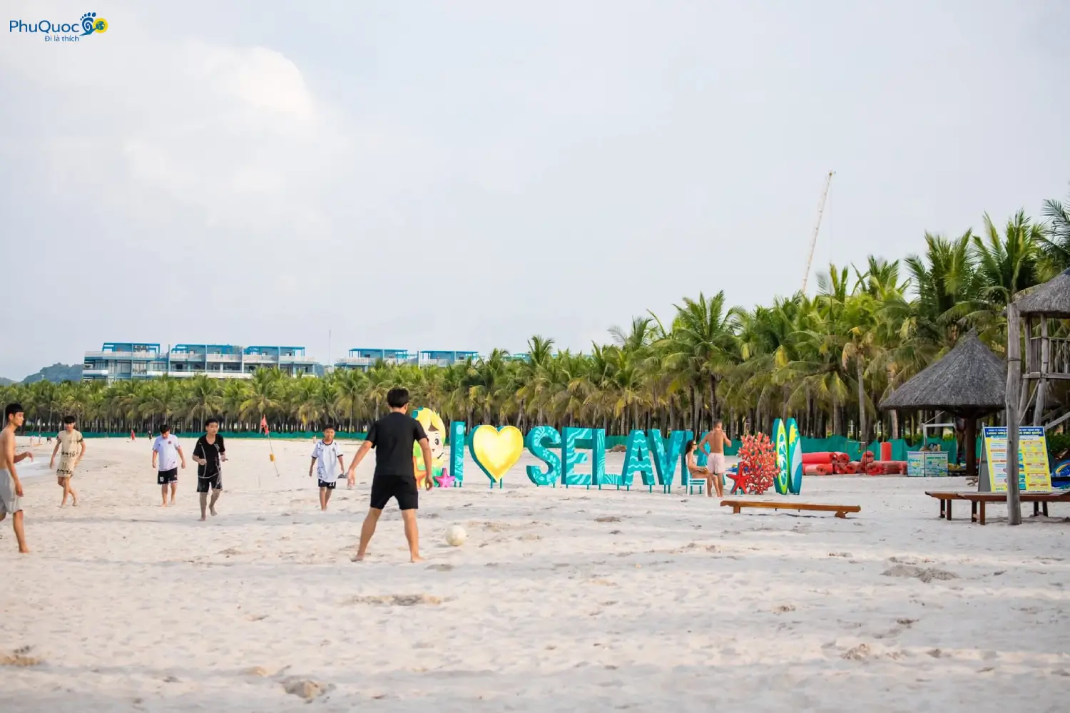 Tourists playing soccer on Selavia Vinh Dam Phu Quoc beach