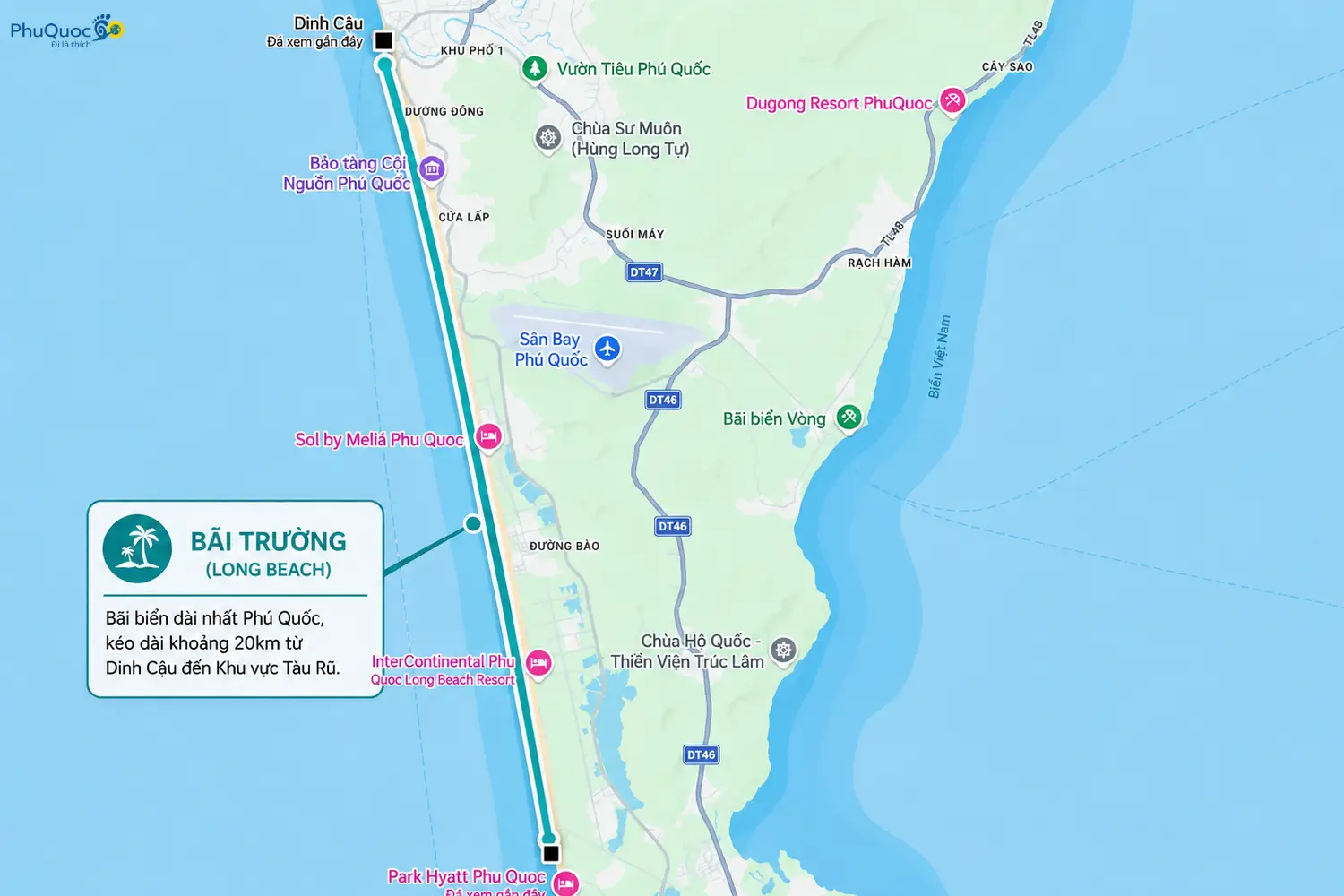 Bản đồ vị trí Bãi Trường Phú Quốc trải dài 20km từ Mũi Dinh Cậu đến Khóe Tàu Rũ