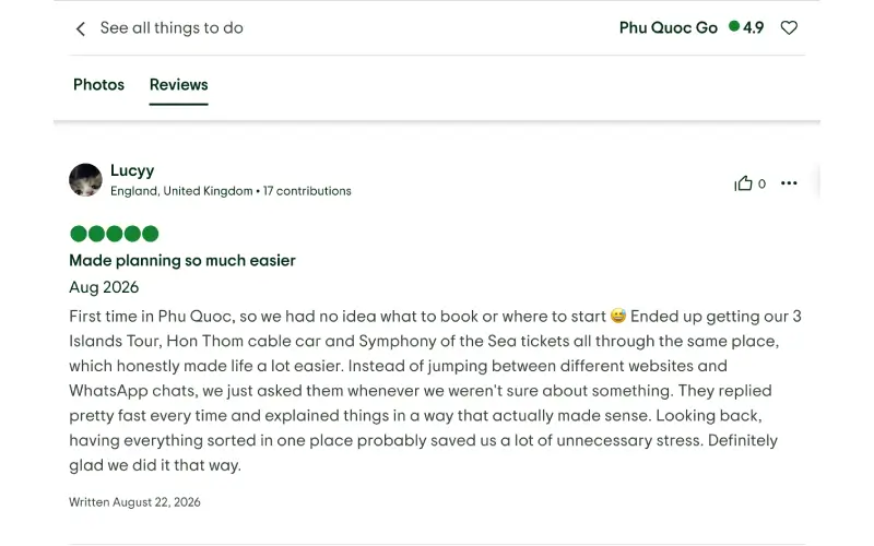 Du khách Lucyy hài lòng khi đặt vé Symphony of the Sea qua Phú Quốc Go