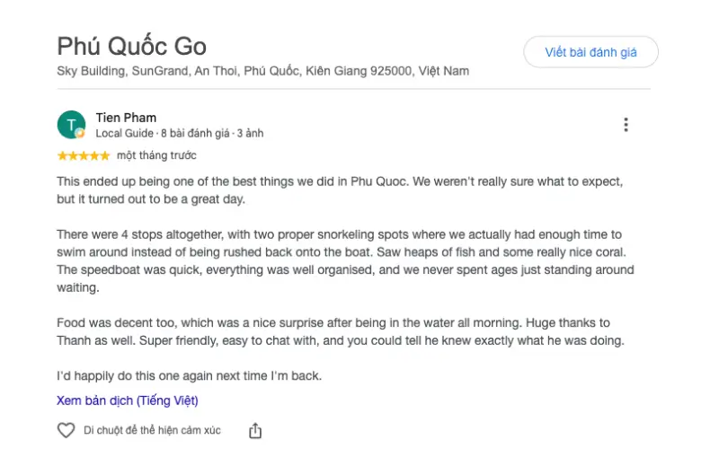 Du khách Tien Pham trải nghiệm lặn ngắm san hô 4 đảo bằng cano Phú Quốc
